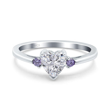 Art Deco Heart Three Stone Wedding Bridal Ring Round Amethyst Simulated Cubic Zirconia 925 Sterling Silver